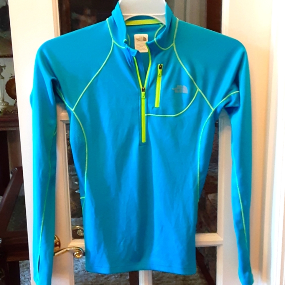 The North Face aqua lime green half zip pullover long sleeves thumb hole XS EUC…